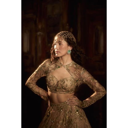 FALSA Diana Golden Blouse with Cape & Lehenga