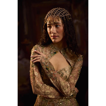 FALSA Diana Golden Blouse with Cape & Lehenga