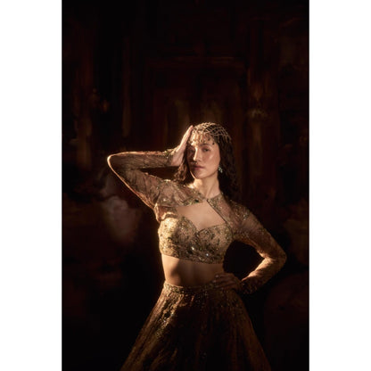 FALSA Diana Golden Blouse with Cape & Lehenga