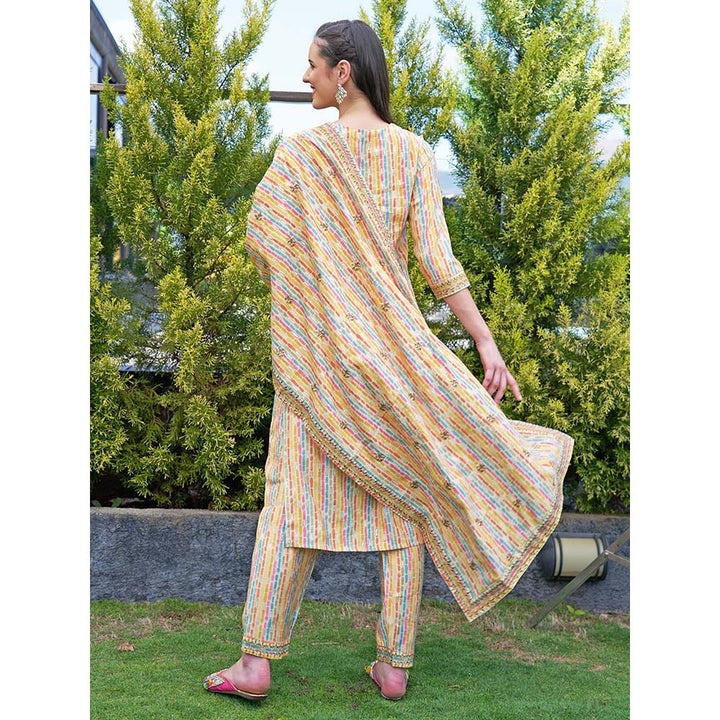 FASHOR Ethnic Stripes Printed & Embroidered Kurta with Pant & Dupatta-Multi Color (Set of 3)