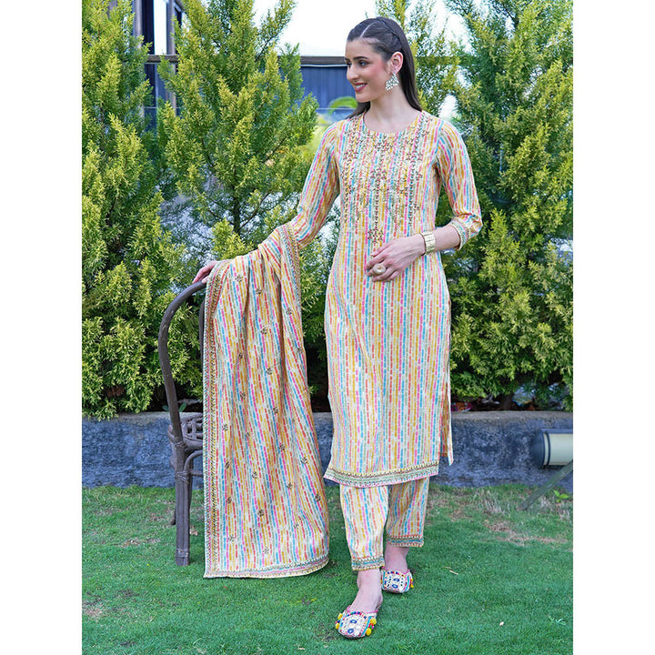 FASHOR Ethnic Stripes Printed & Embroidered Kurta with Pant & Dupatta-Multi Color (Set of 3)