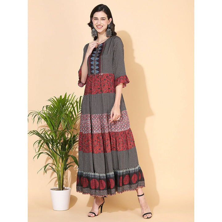 FASHOR Ethnic Printed and Embroidered Tiered Flared Maxi Dress Multi (Set of 2)