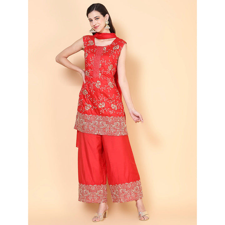 FASHOR Zari Embroidered Palazzo Red (Set of 3)