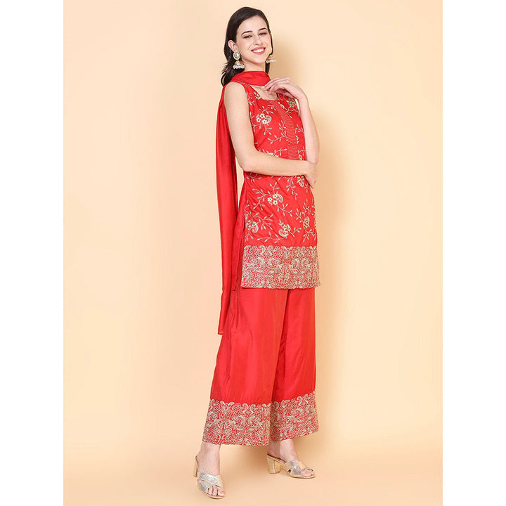 FASHOR Zari Embroidered Palazzo Red (Set of 3)