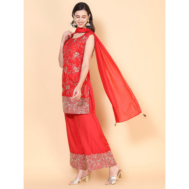 FASHOR Zari Embroidered Palazzo Red (Set of 3)