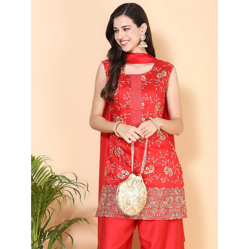 FASHOR Zari Embroidered Palazzo Red (Set of 3)