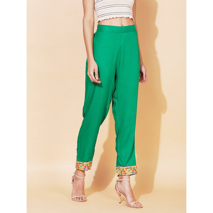 FASHOR Solid Ethnic Printed Straight Fit Pants Green