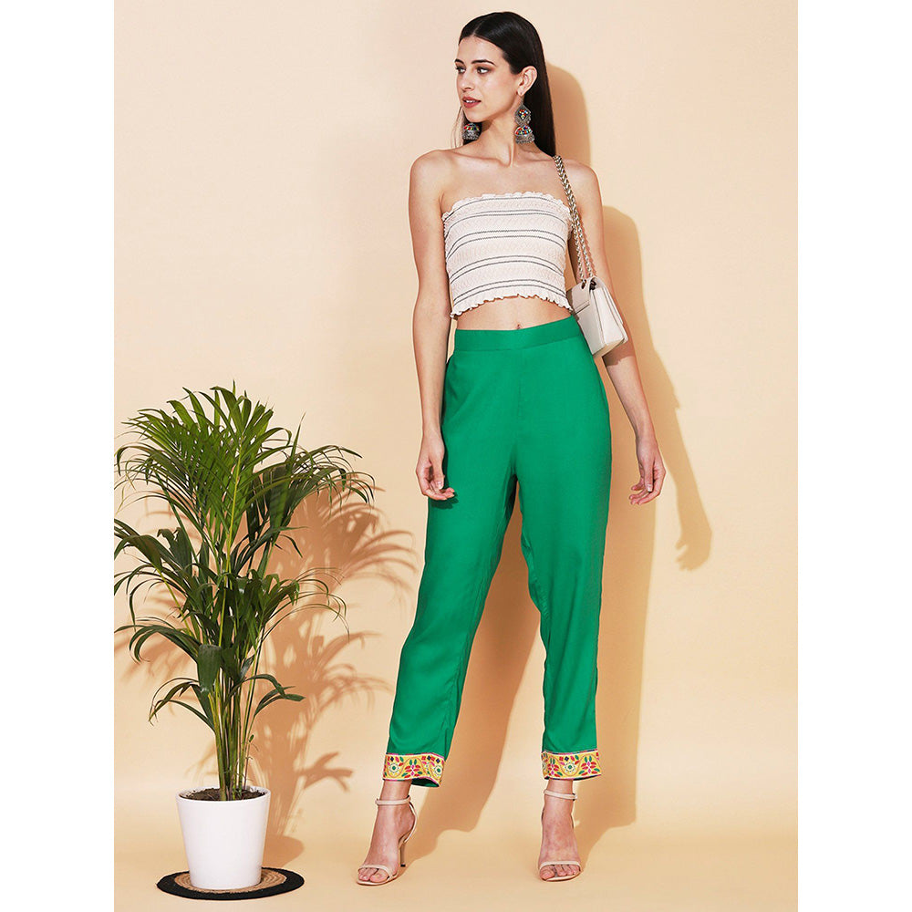 FASHOR Solid Ethnic Printed Straight Fit Pants Green