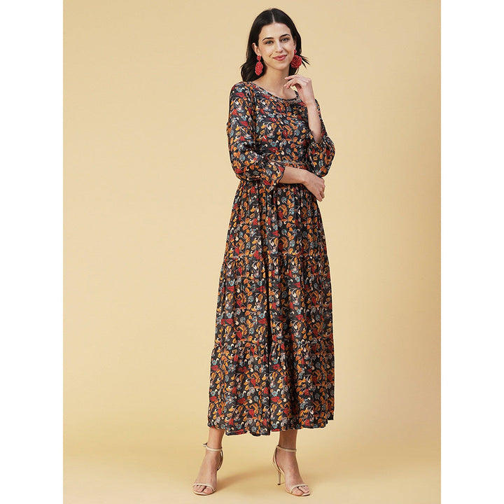 FASHOR Floral Printed & Hand Embroidered Fit & Flare Maxi Dress - Charcoal (Set of 2)