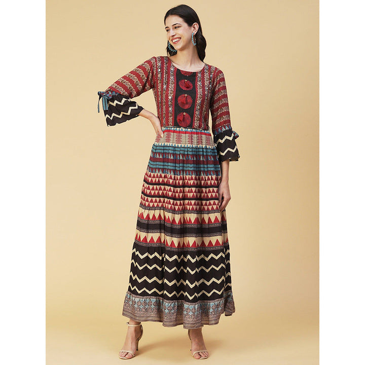 FASHOR Ethnic Printed Sequined Dress With Belt - Rust (Set of 2)