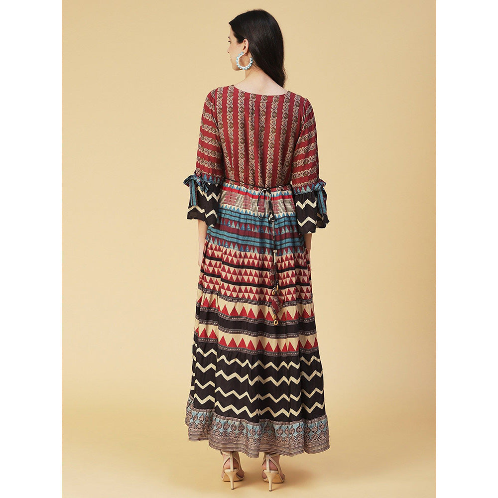 FASHOR Ethnic Printed Sequined Dress With Belt - Rust (Set of 2)