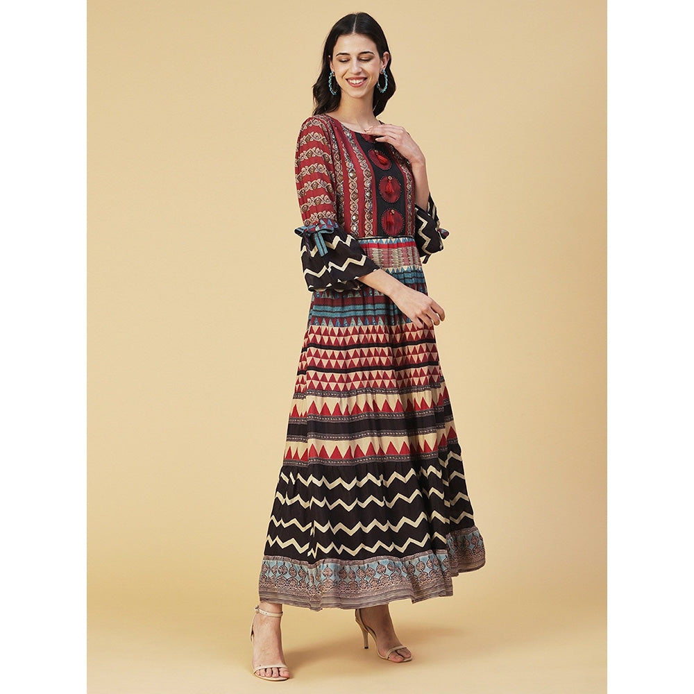 FASHOR Ethnic Printed Sequined Dress With Belt - Rust (Set of 2)