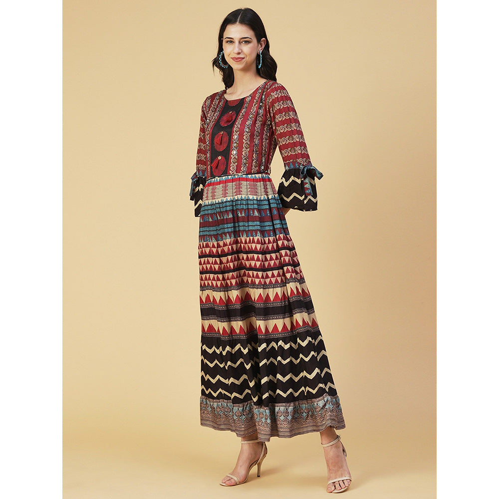 FASHOR Ethnic Printed Sequined Dress With Belt - Rust (Set of 2)