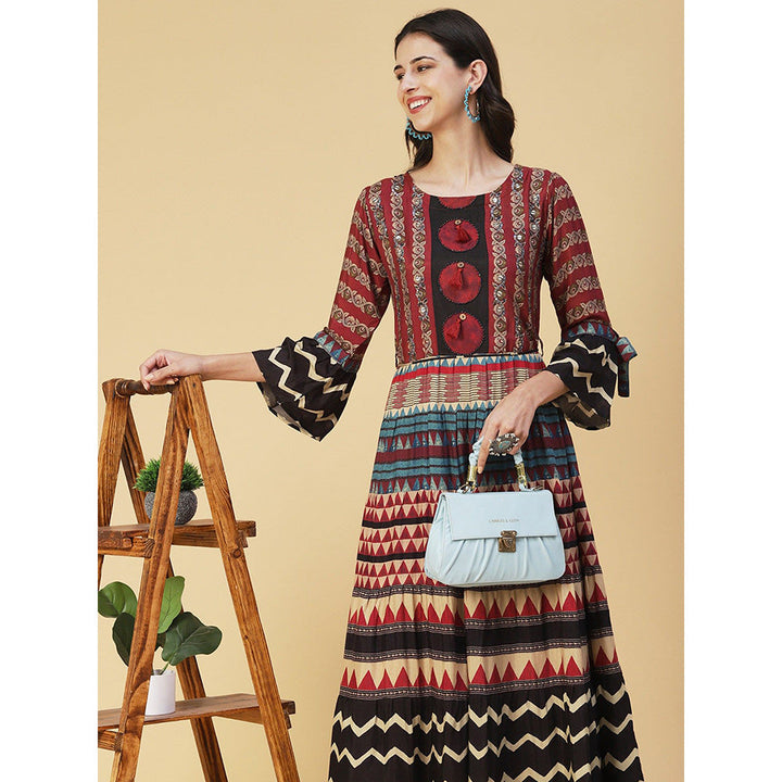 FASHOR Ethnic Printed Sequined Dress With Belt - Rust (Set of 2)