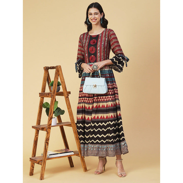 FASHOR Ethnic Printed Sequined Dress With Belt - Rust (Set of 2)