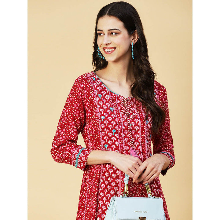 FASHOR Floral Printed Embroidered Paneled Dress - Maroon