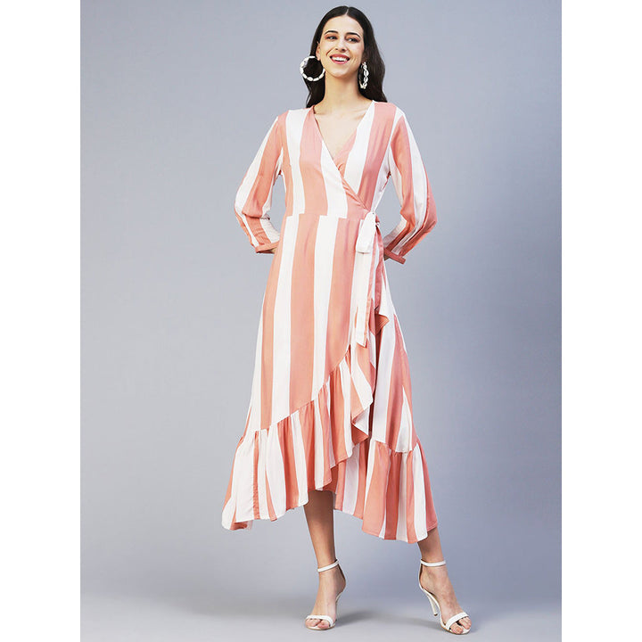 FASHOR Stripes Printed Wrap Style Maxi Dress Peach