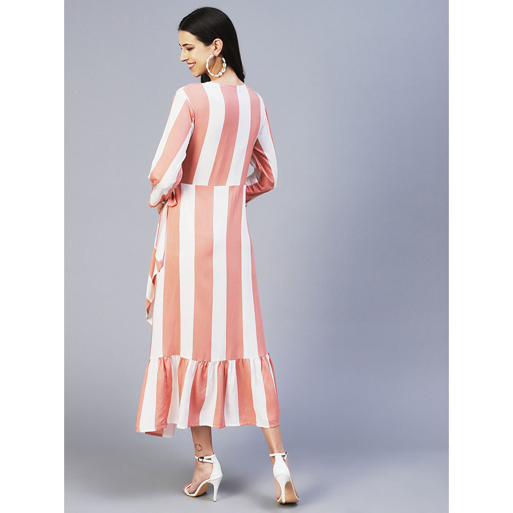 FASHOR Stripes Printed Wrap Style Maxi Dress Peach