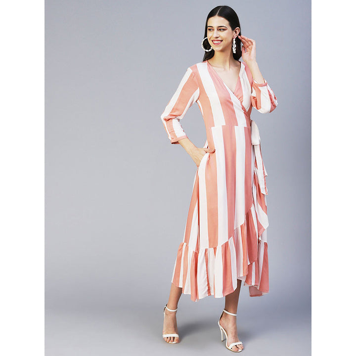 FASHOR Stripes Printed Wrap Style Maxi Dress Peach