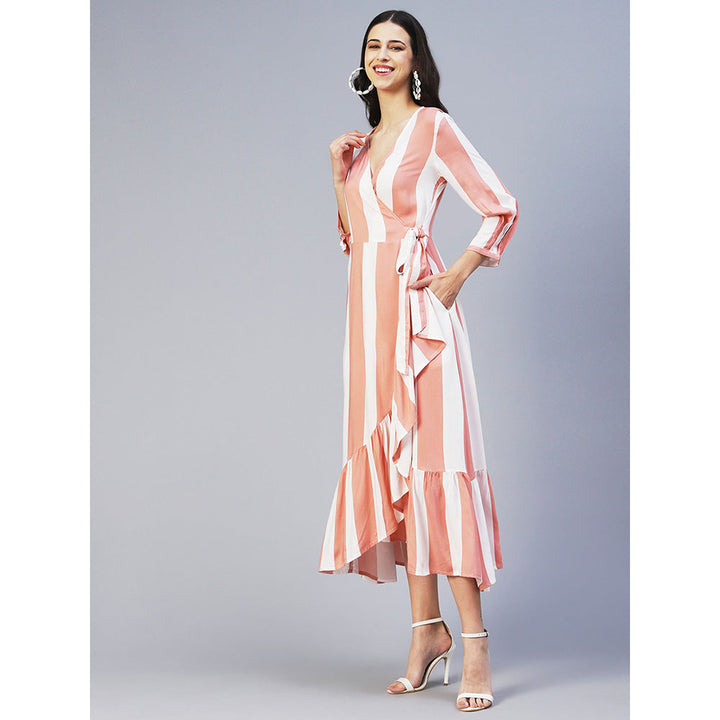 FASHOR Stripes Printed Wrap Style Maxi Dress Peach