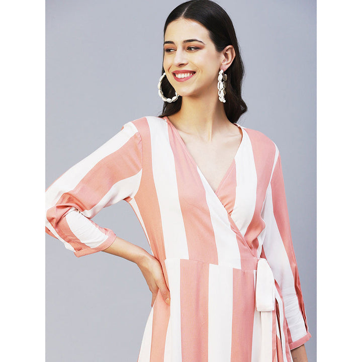 FASHOR Stripes Printed Wrap Style Maxi Dress Peach