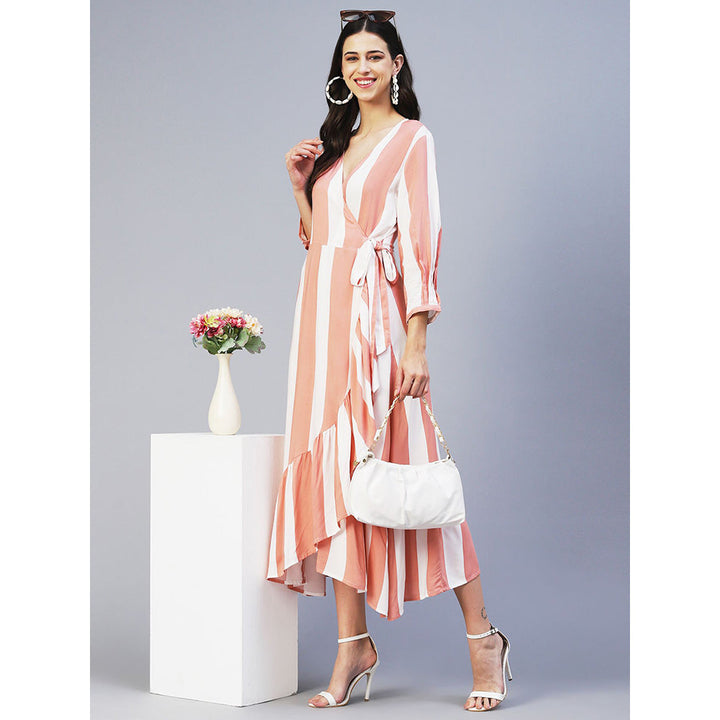 FASHOR Stripes Printed Wrap Style Maxi Dress Peach