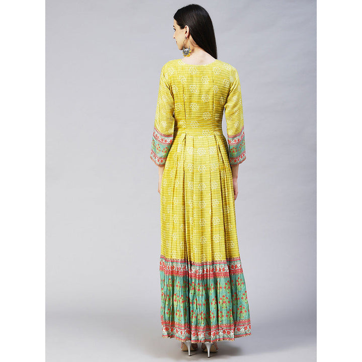 FASHOR Abstract Stripes Printed Hand Embroidered Pleated Maxi Dress Lime Green