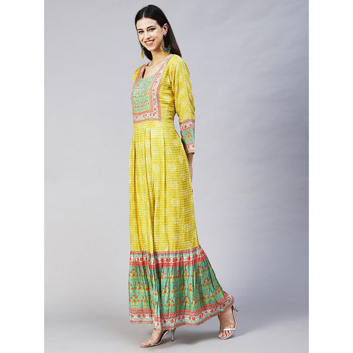 FASHOR Abstract Stripes Printed Hand Embroidered Pleated Maxi Dress Lime Green