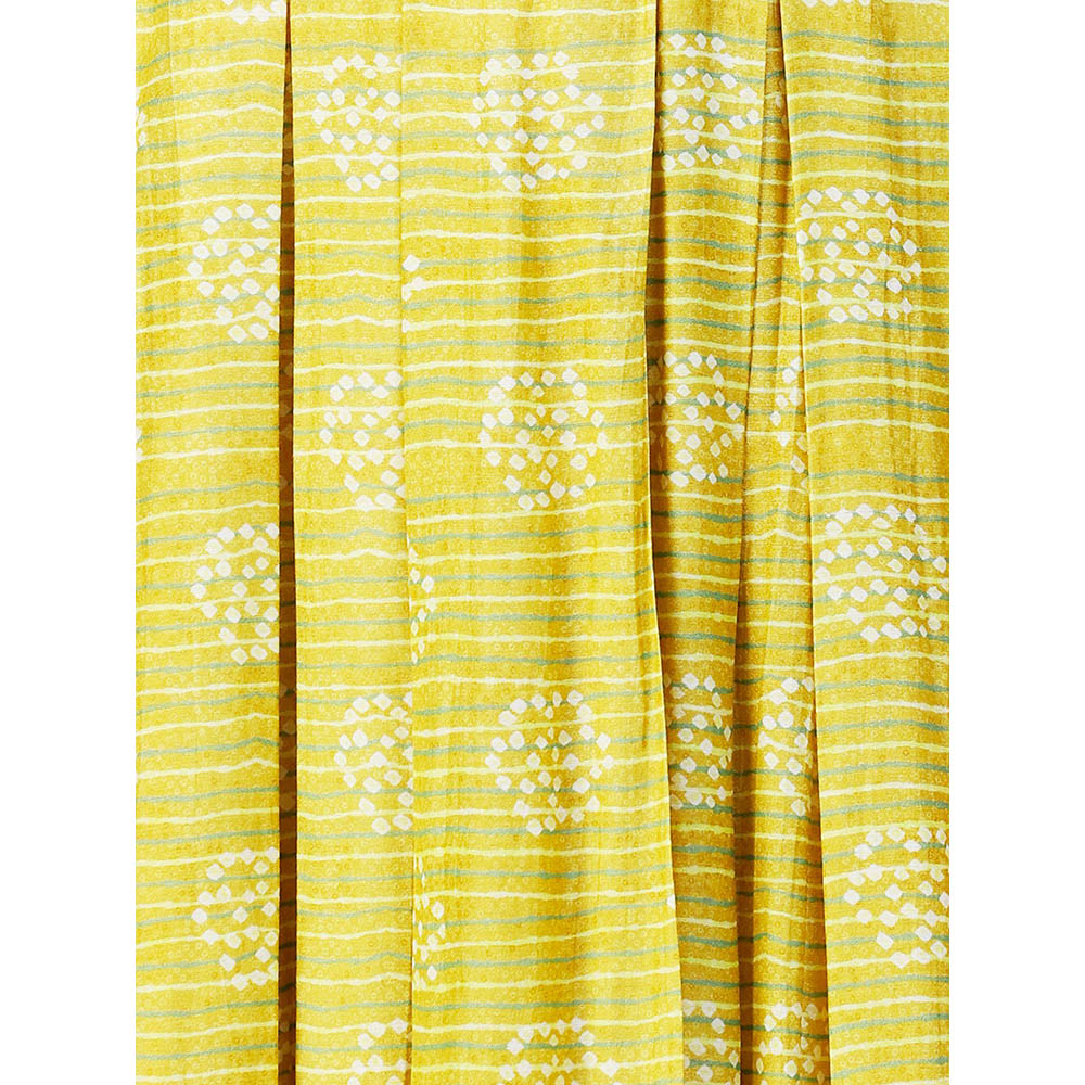 FASHOR Abstract Stripes Printed Hand Embroidered Pleated Maxi Dress Lime Green