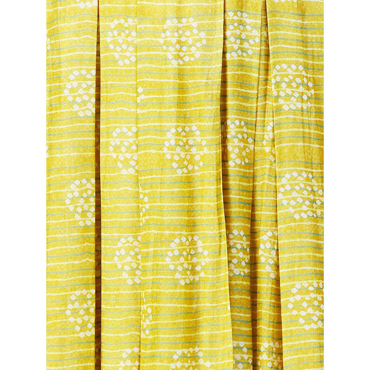 FASHOR Abstract Stripes Printed Hand Embroidered Pleated Maxi Dress Lime Green