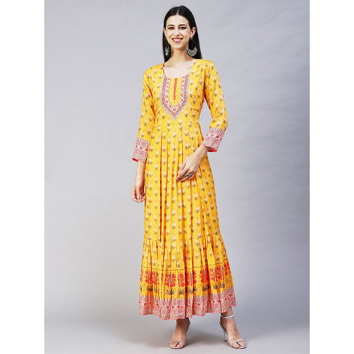 FASHOR Floral Printed Hand Embroidered Pleated Maxi Dress Yellow