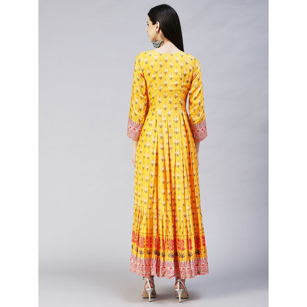 FASHOR Floral Printed Hand Embroidered Pleated Maxi Dress Yellow