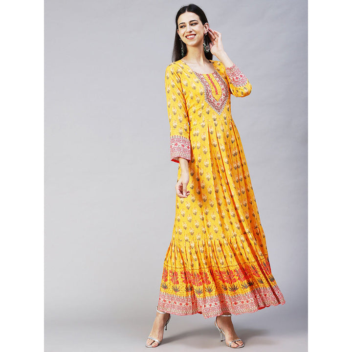 FASHOR Floral Printed Hand Embroidered Pleated Maxi Dress Yellow