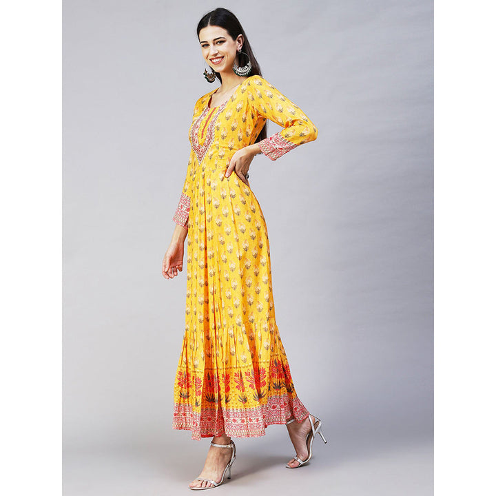 FASHOR Floral Printed Hand Embroidered Pleated Maxi Dress Yellow