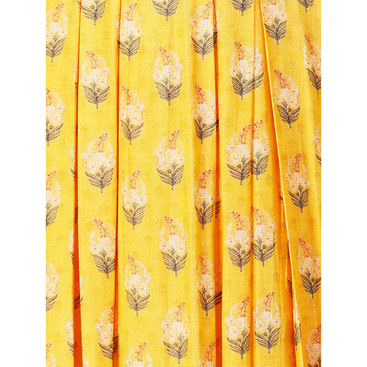 FASHOR Floral Printed Hand Embroidered Pleated Maxi Dress Yellow