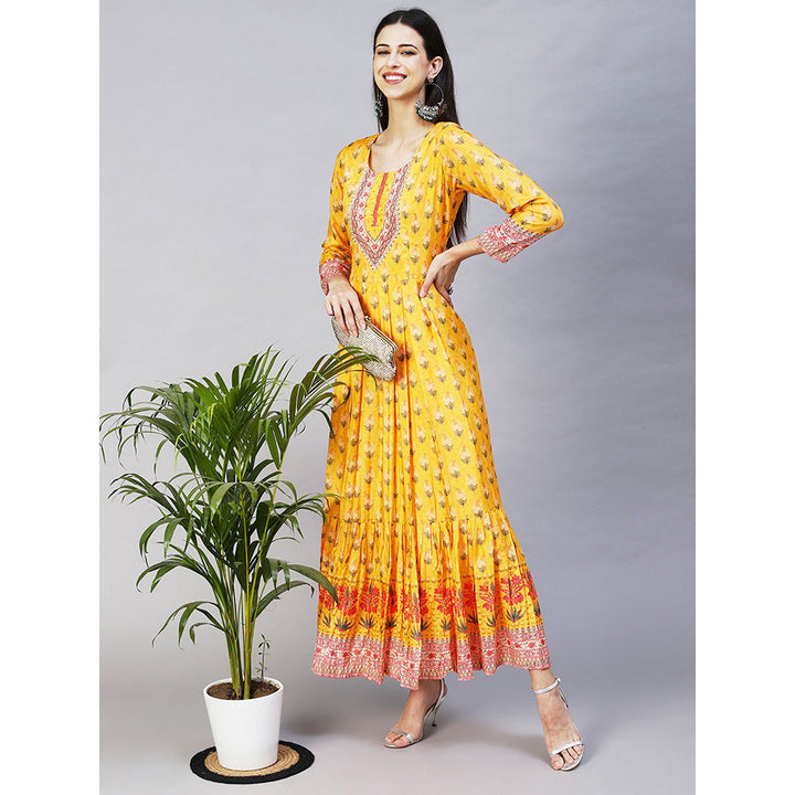 FASHOR Floral Printed Hand Embroidered Pleated Maxi Dress Yellow