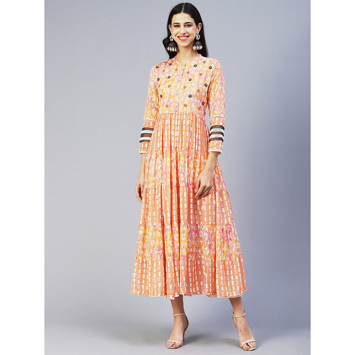 FASHOR Abstract Printed Resham Embroidered Tiered Maxi Dress Orange