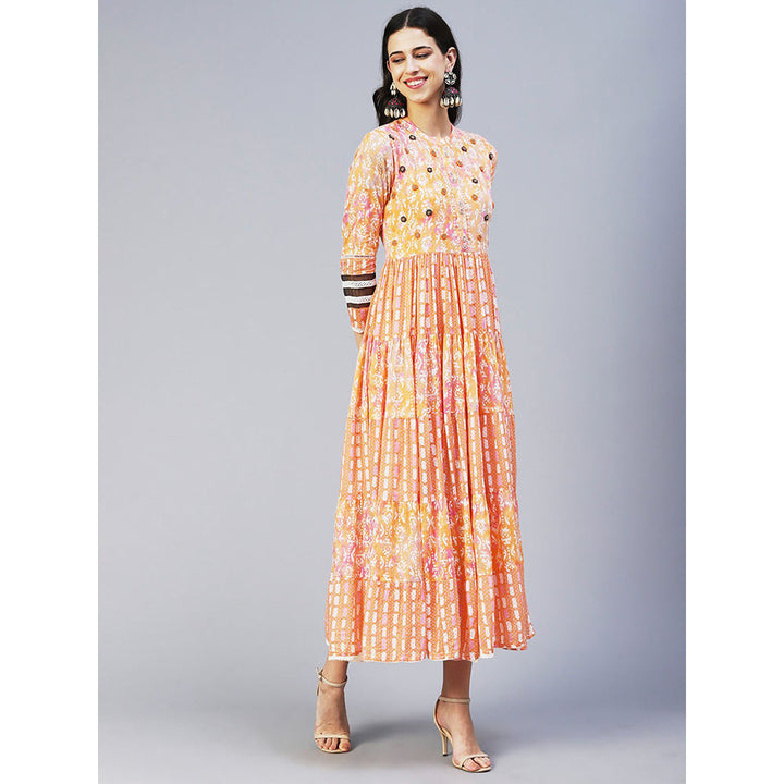 FASHOR Abstract Printed Resham Embroidered Tiered Maxi Dress Orange