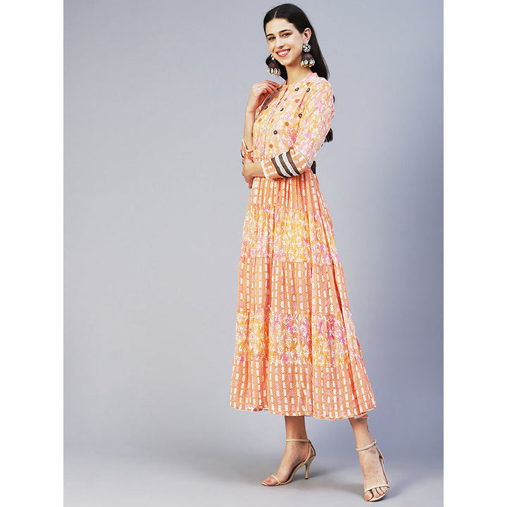 FASHOR Abstract Printed Resham Embroidered Tiered Maxi Dress Orange