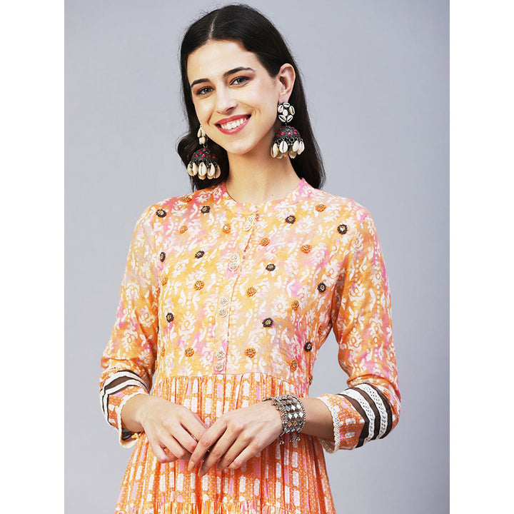 FASHOR Abstract Printed Resham Embroidered Tiered Maxi Dress Orange