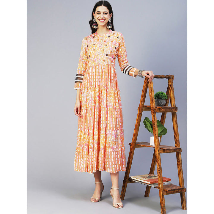 FASHOR Abstract Printed Resham Embroidered Tiered Maxi Dress Orange