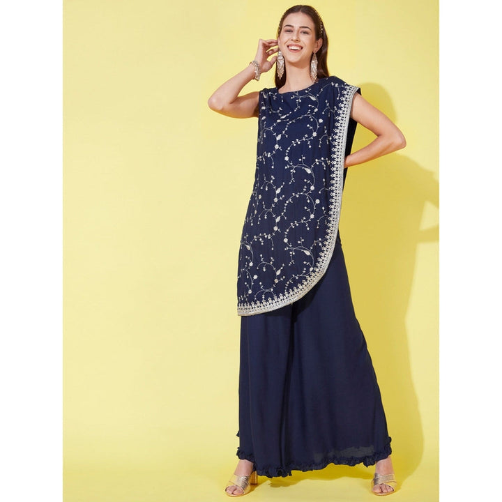 FASHOR Floral Zari Embroidered Asymmetric Kurta with Palazzo - Navy Blue (Set of 2)