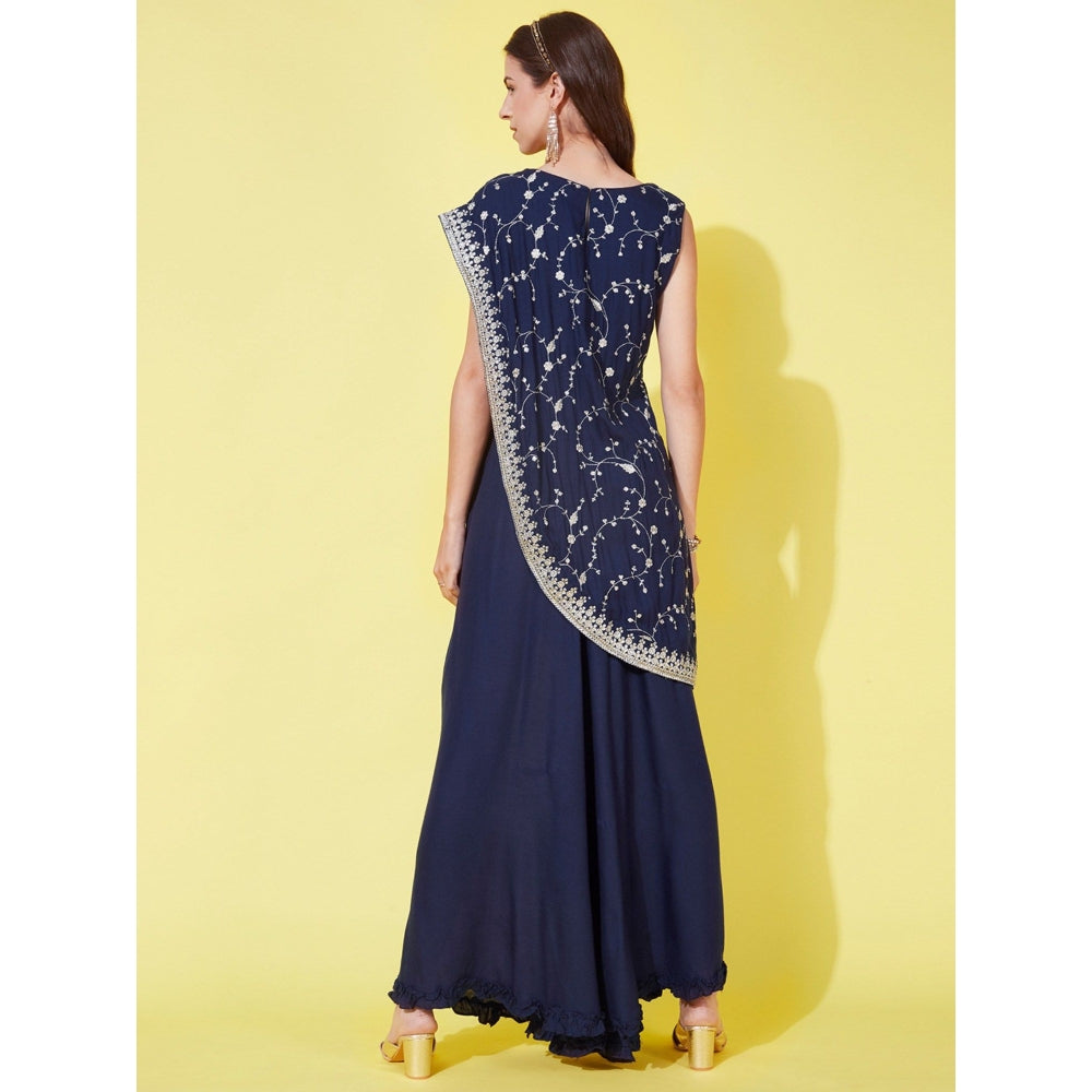 FASHOR Floral Zari Embroidered Asymmetric Kurta with Palazzo - Navy Blue (Set of 2)