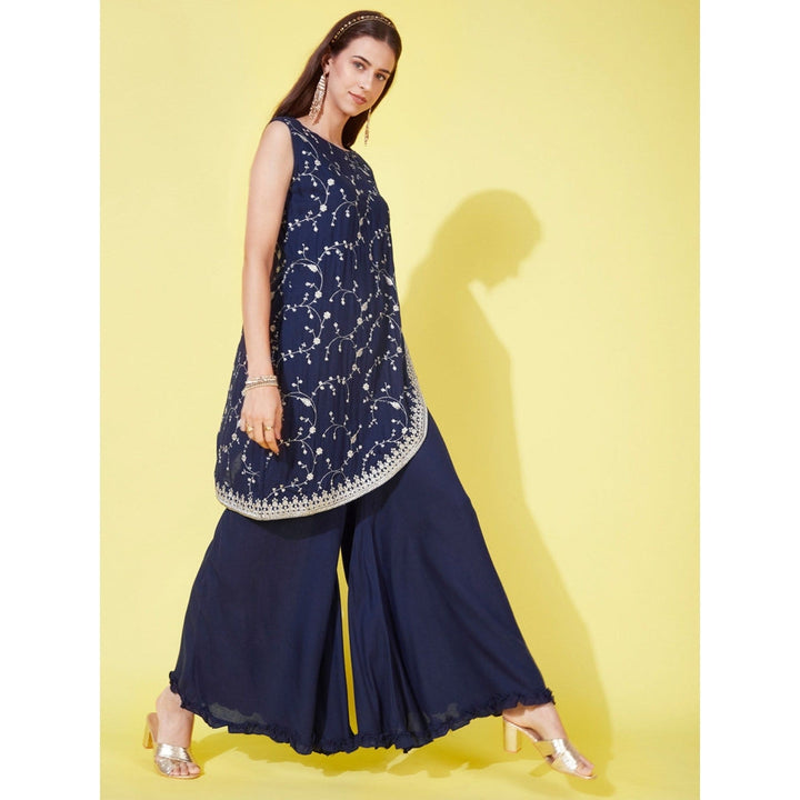 FASHOR Floral Zari Embroidered Asymmetric Kurta with Palazzo - Navy Blue (Set of 2)