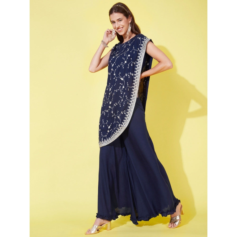 FASHOR Floral Zari Embroidered Asymmetric Kurta with Palazzo - Navy Blue (Set of 2)