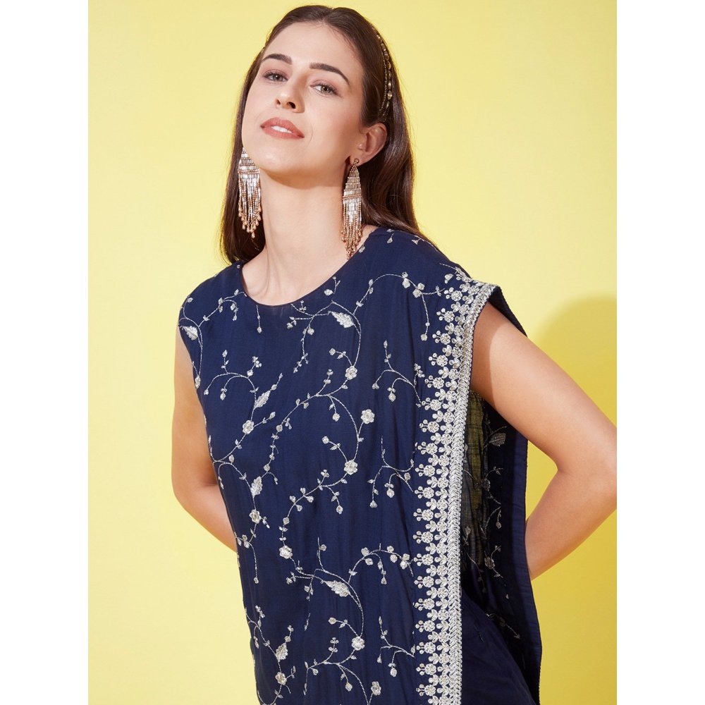 FASHOR Floral Zari Embroidered Asymmetric Kurta with Palazzo - Navy Blue (Set of 2)