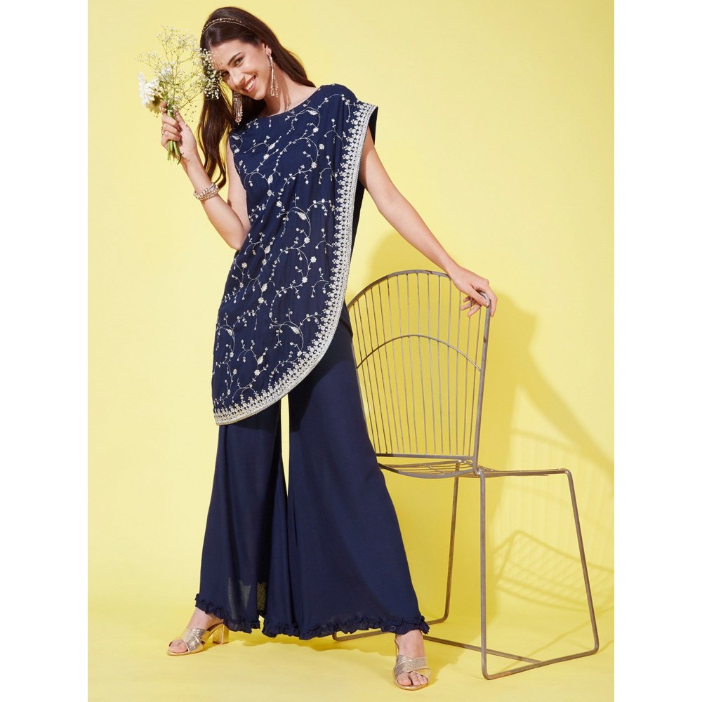 FASHOR Floral Zari Embroidered Asymmetric Kurta with Palazzo - Navy Blue (Set of 2)