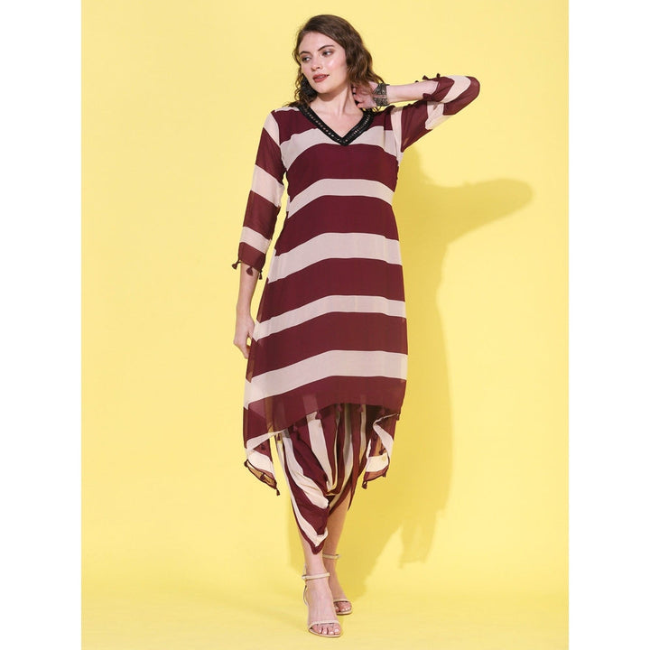 FASHOR Stripes Printed, Embroidered Dhoti Set - Maroon (Set of 2)