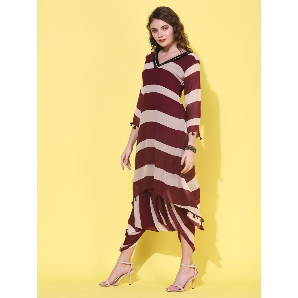 FASHOR Stripes Printed, Embroidered Dhoti Set - Maroon (Set of 2)