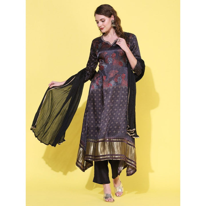 FASHOR Ethnic Printed, Embroidered A-Line Kurta with Pant and Dupatta - Brown (Set of 3)